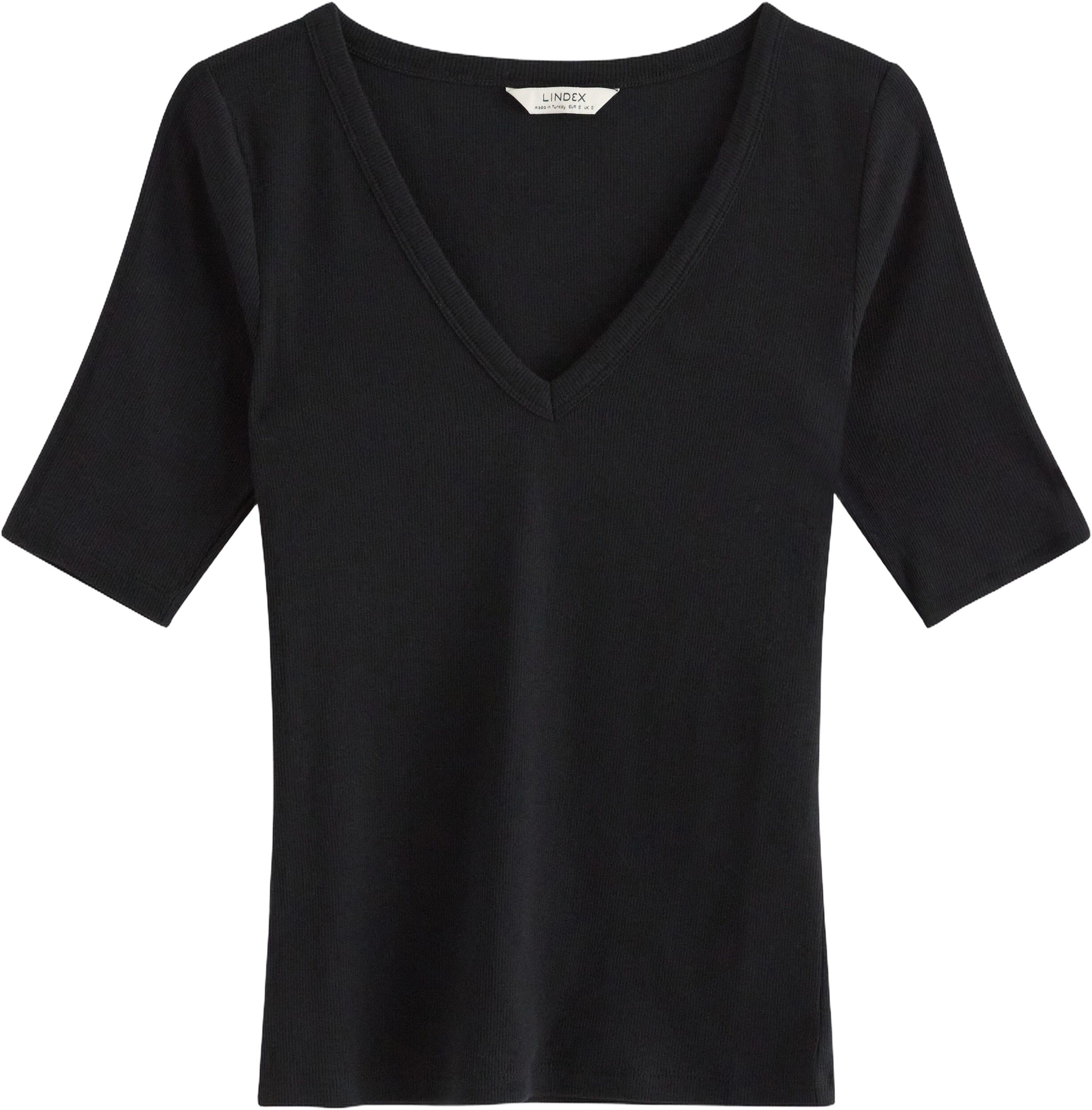 Ribbet top med korte &aelig;rmer, v-hals