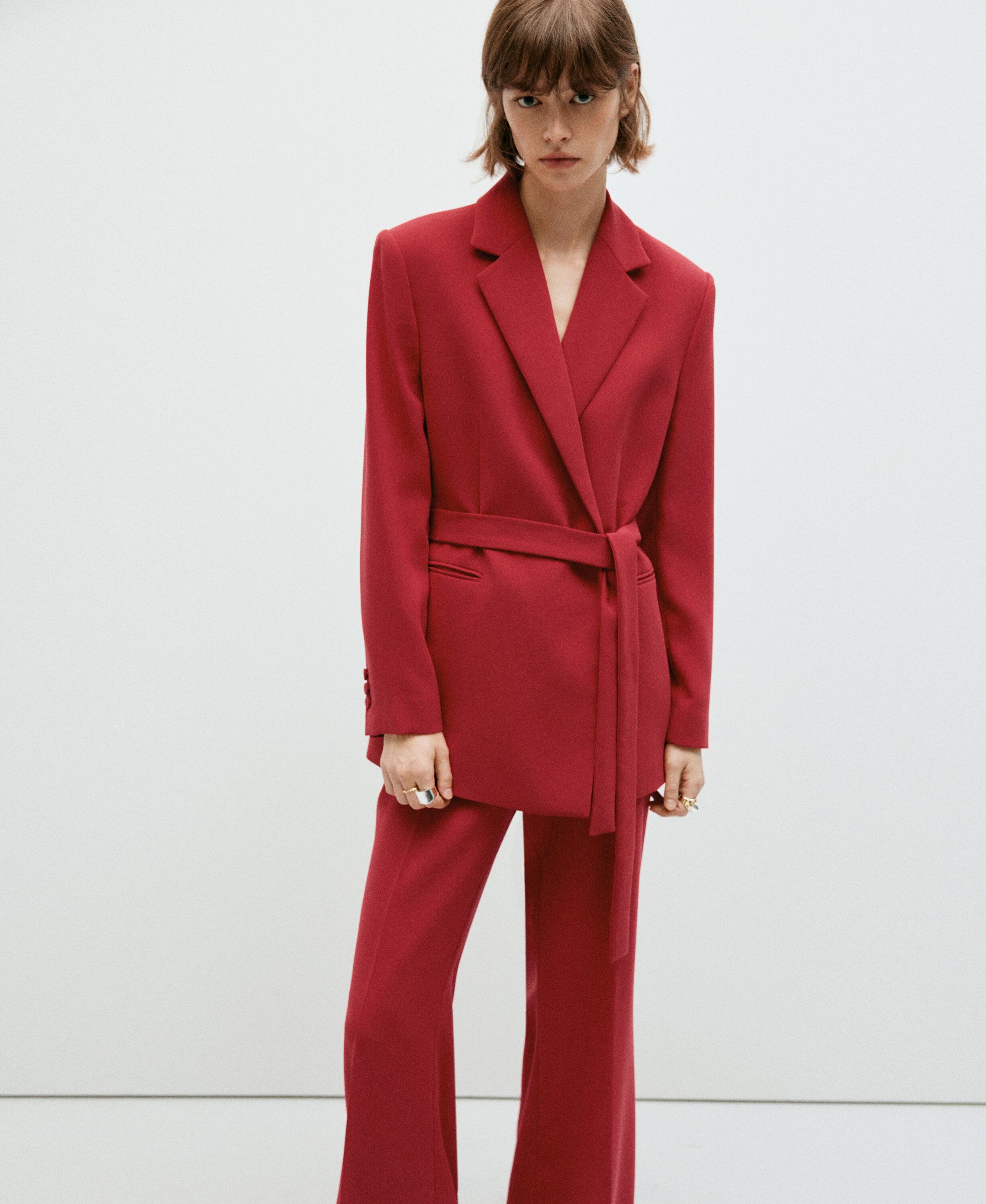 Double-breasted belted suit blazer