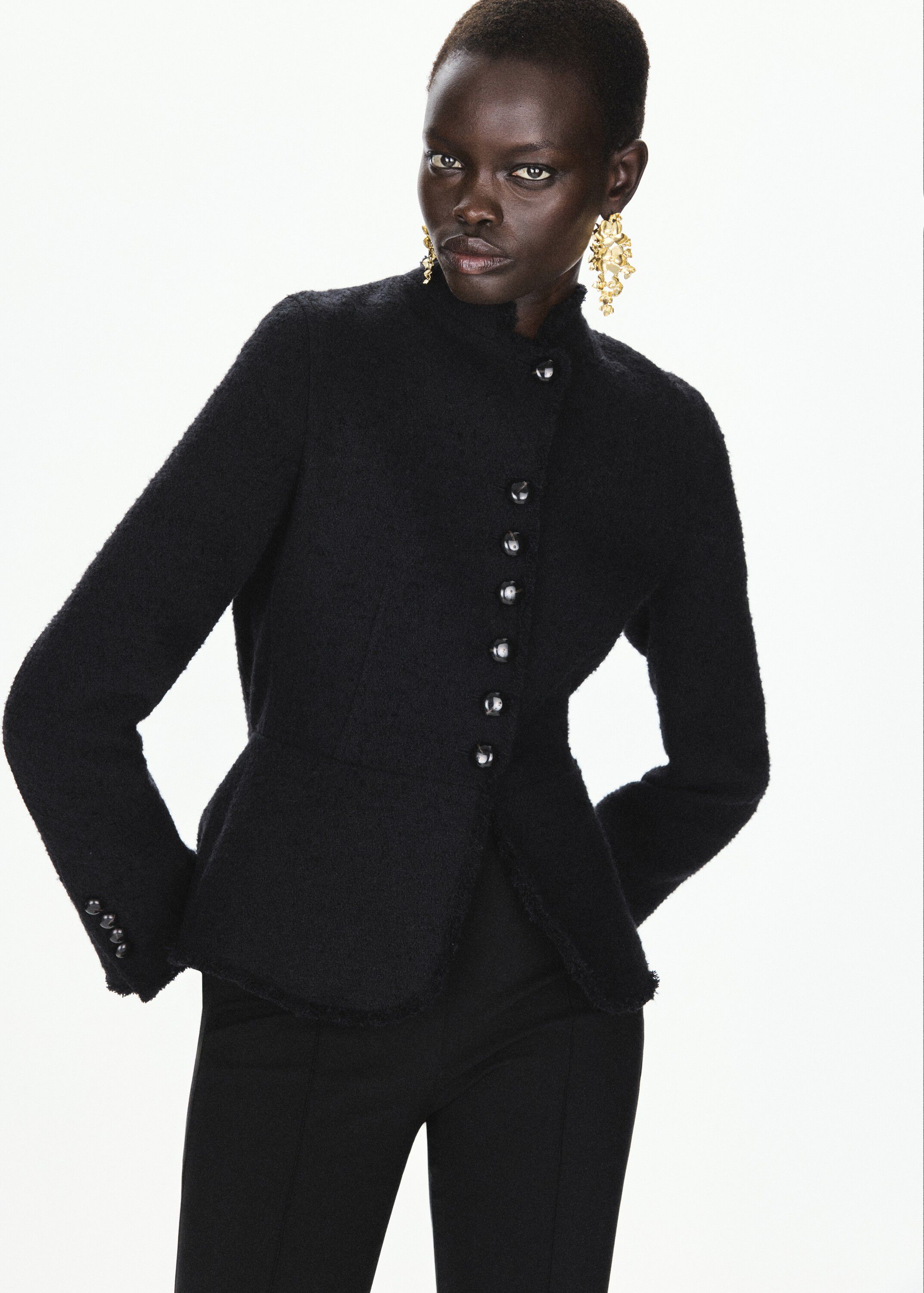 Jacket with jewel-button strip coll