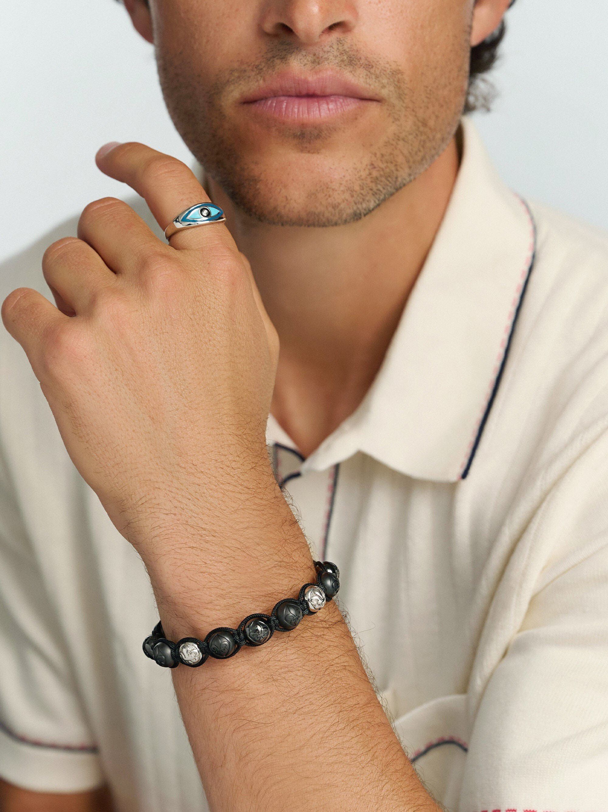 Men's Beaded Bracelet with Matte Black, Glossy Black Ceramic & Silver