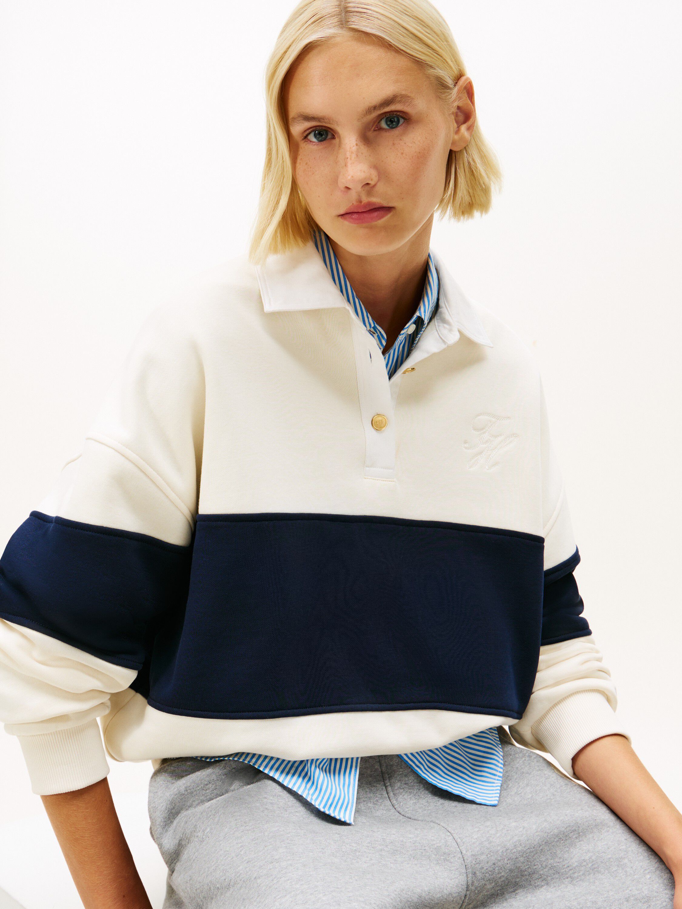 Gold-Tone Button Relaxed Rugby Sweatshirt