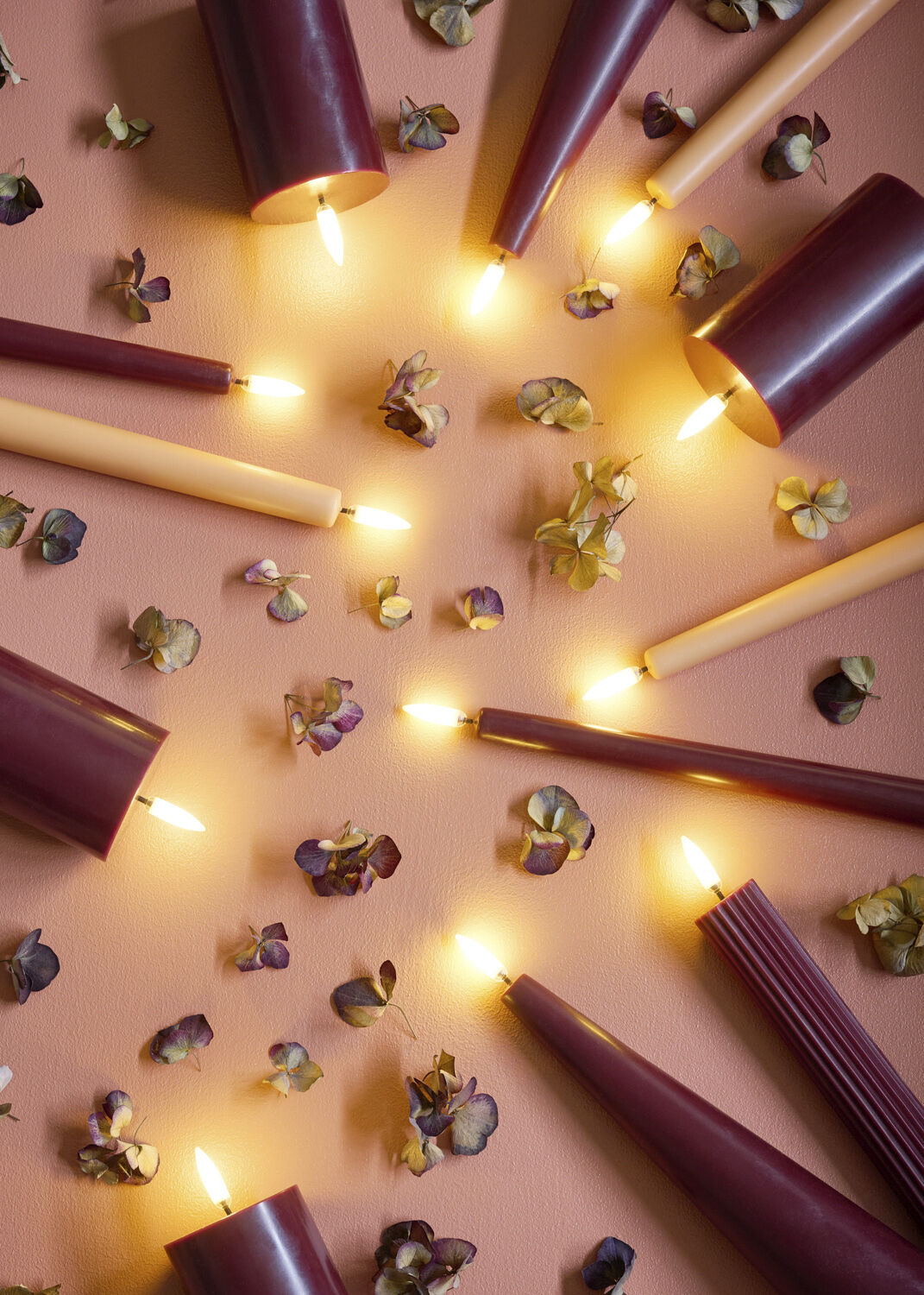 LED taper candle, Wine red, smooth, 2-pack, 2,3x25 cm