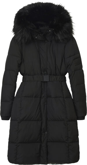 White quilted coat with fur-effect hood