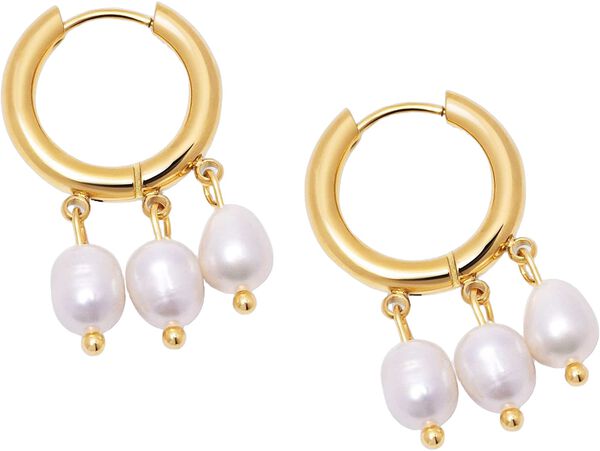 Triple Drop Pearl Hoops in Gold