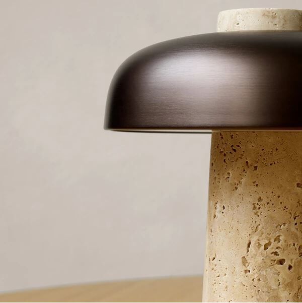 Reverse Table Lamp, Travertine, Bronzed Brass
