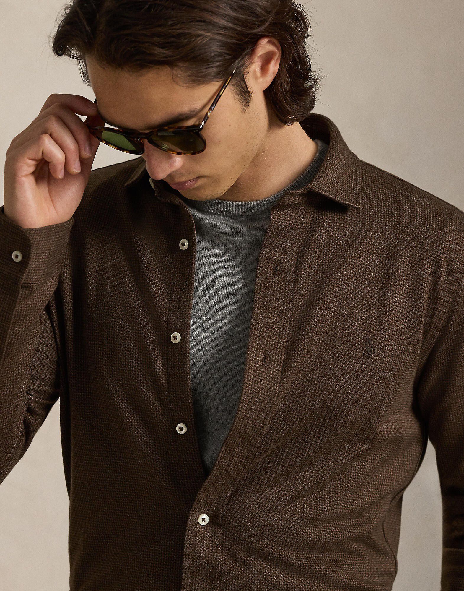 Houndstooth Jersey Spread-Collar Shirt