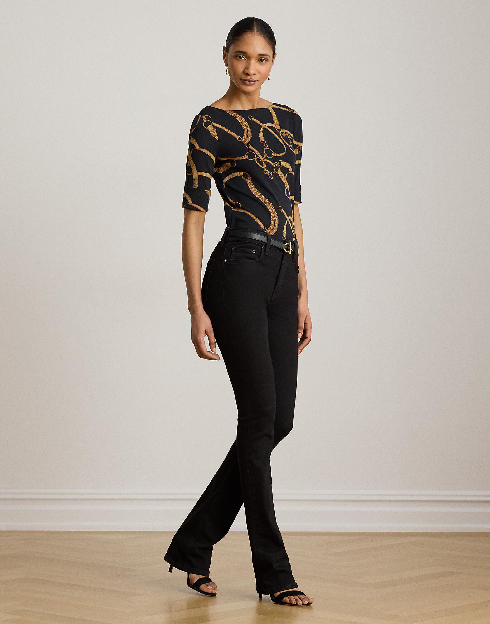 Belting-Print Cotton Boatneck Tee