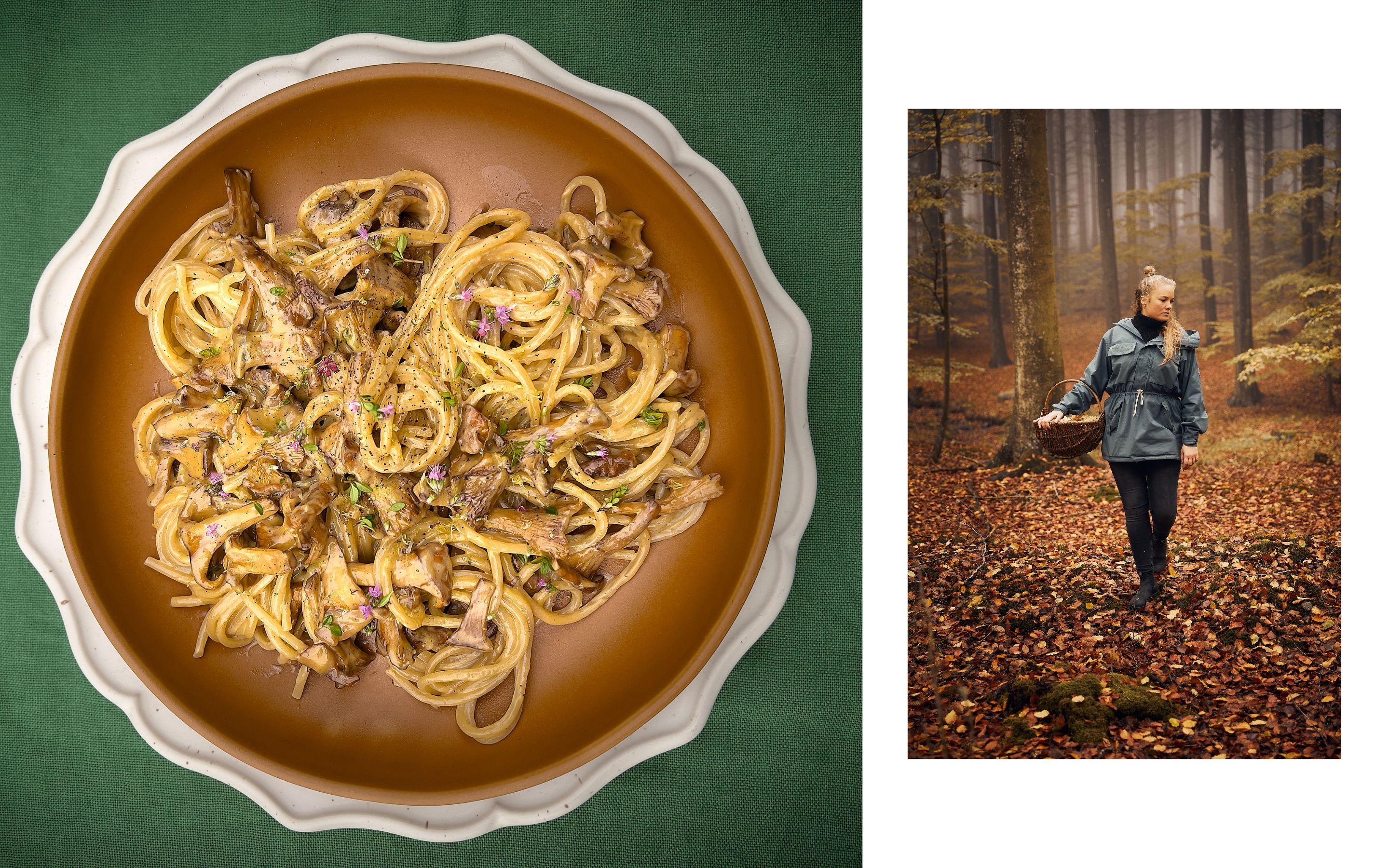 collage med spaghetti och kvinna i skogen