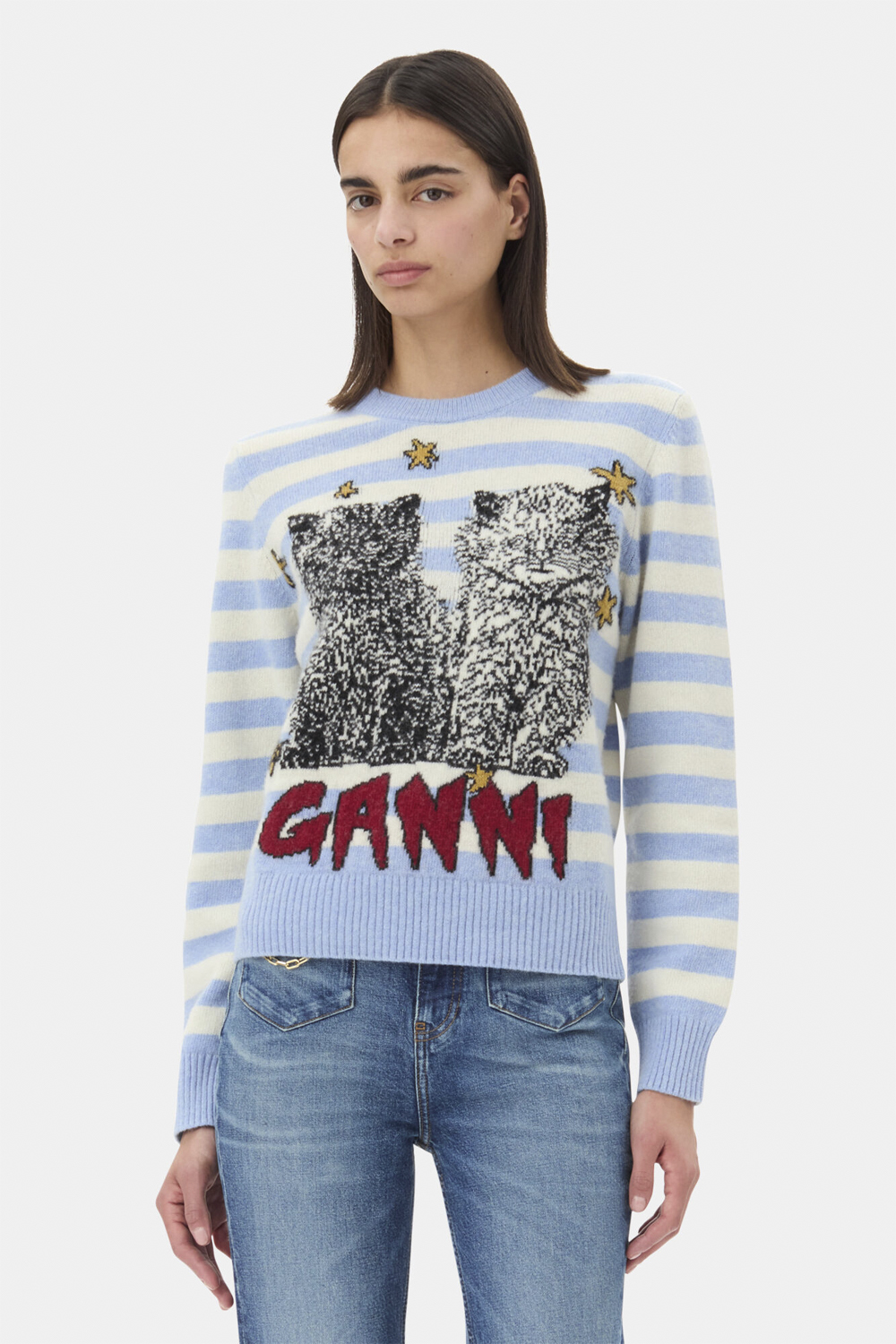 Ganni Striped Graphic Wool Mix Cats Crewn Dam Stickade Tröjor Stl. XS - Från Magasin