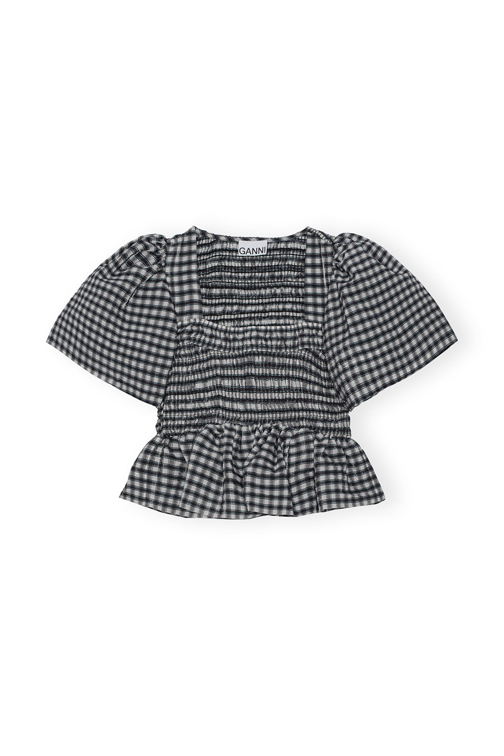 Ganni Seersucker Check Openneck Smock Bl Dam Kortärmade Blusar Stl. 34 - Från Magasin
