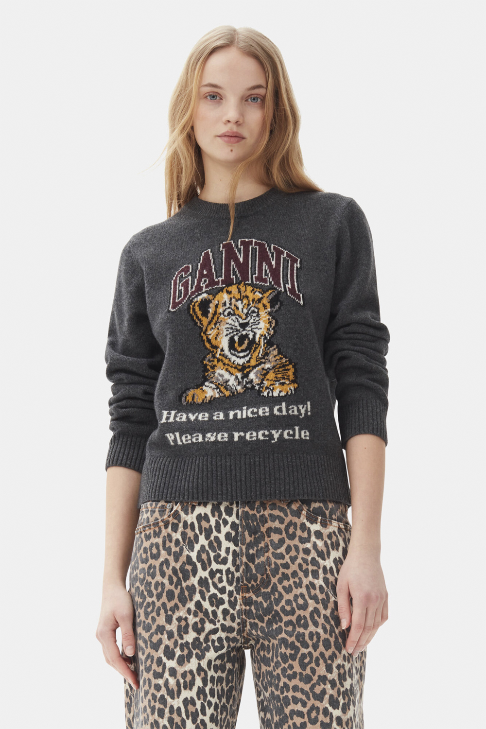 Ganni Graphic Wool Mix Tiger Crewneck Dam Stickade Tröjor Stl. XXS - Från Magasin