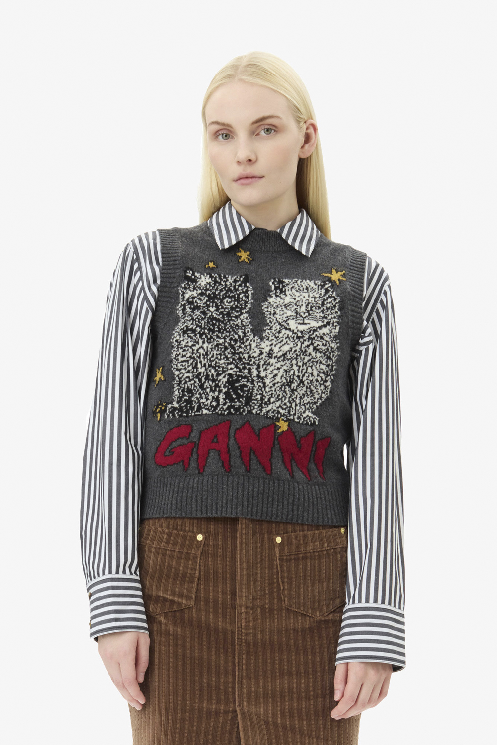 Ganni Graphic Wool Mix Cats Vest Dam Stickade Västar Stl. XS - Från Magasin