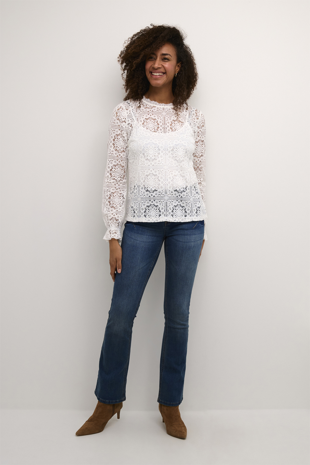 Cream Crtiley Lace Blouse Dam Långärmade Blusar Stl. 36 - Från Magasin