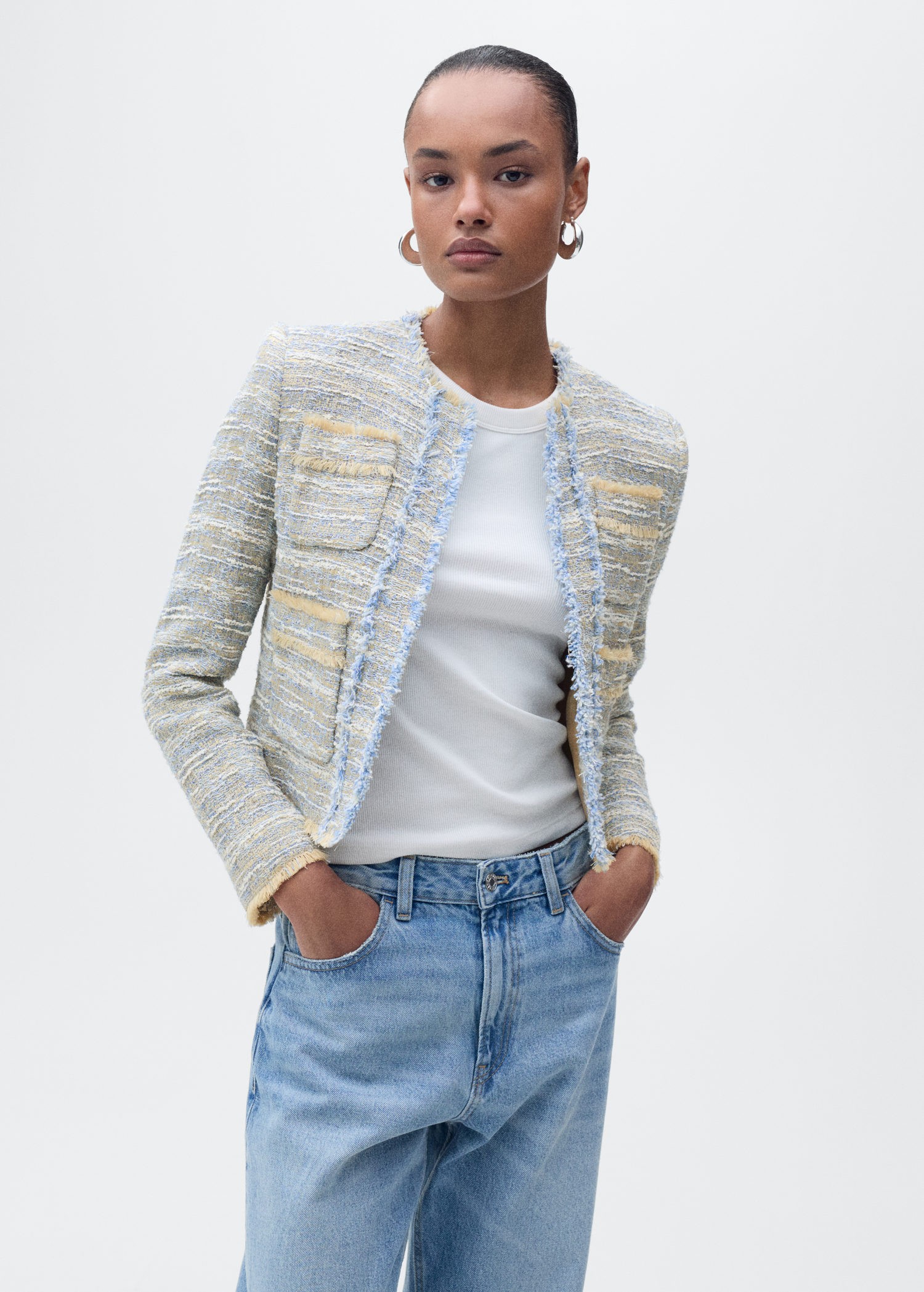 MANGO Tweed Jacket With Frayed Ends Dam Jackor Stl. XXS - Från Magasin