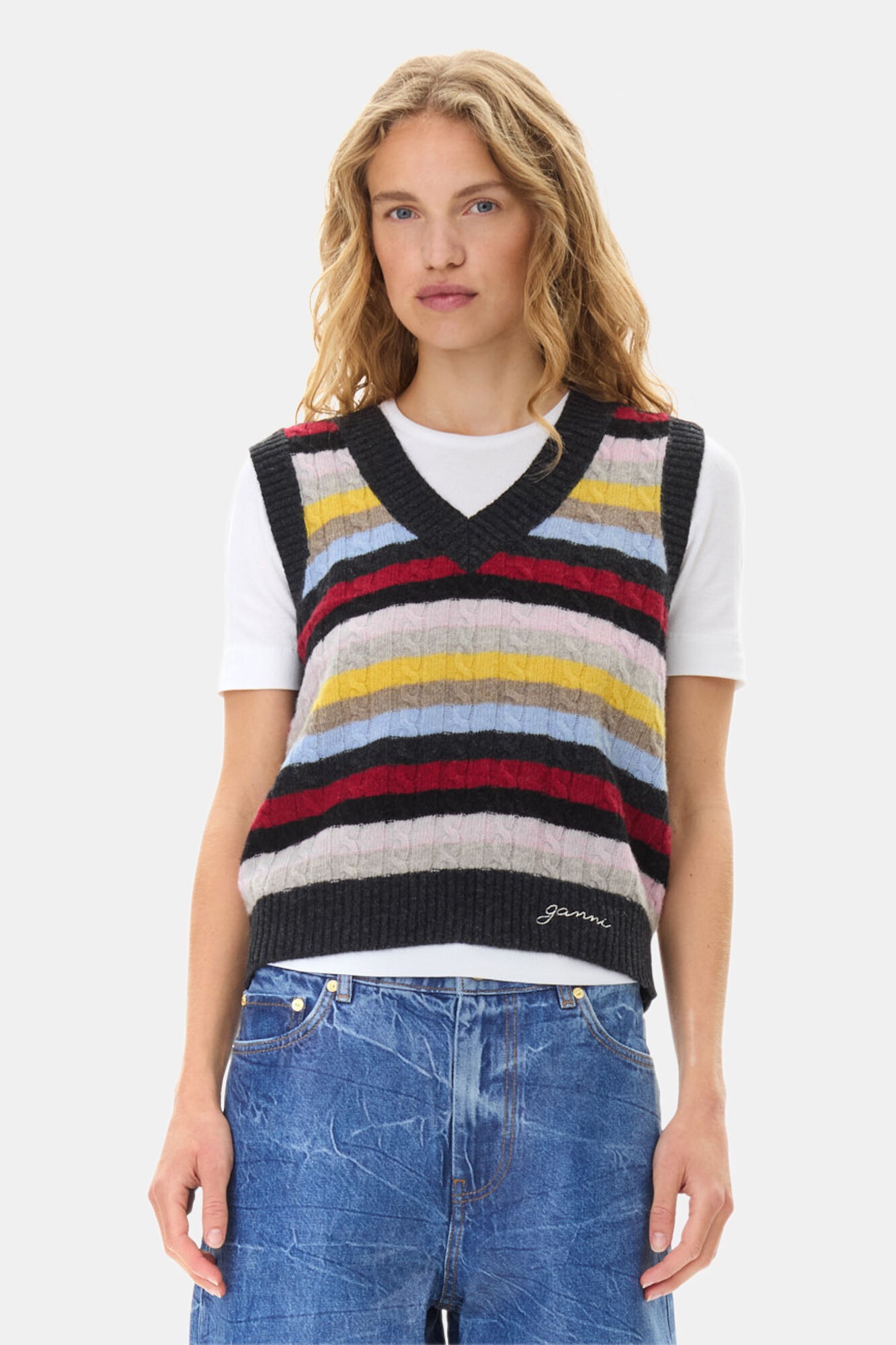 Ganni Logo Wool Mix Vest Dam Stickade Västar Stl. XS - Från Magasin