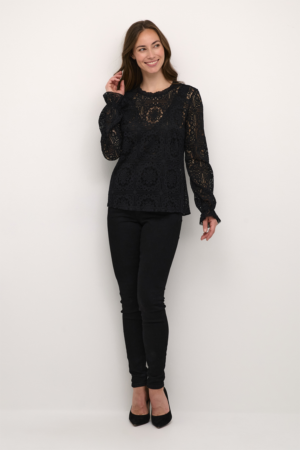 Cream Crtiley Lace Blouse Dam Långärmade Blusar Stl. 36 - Från Magasin