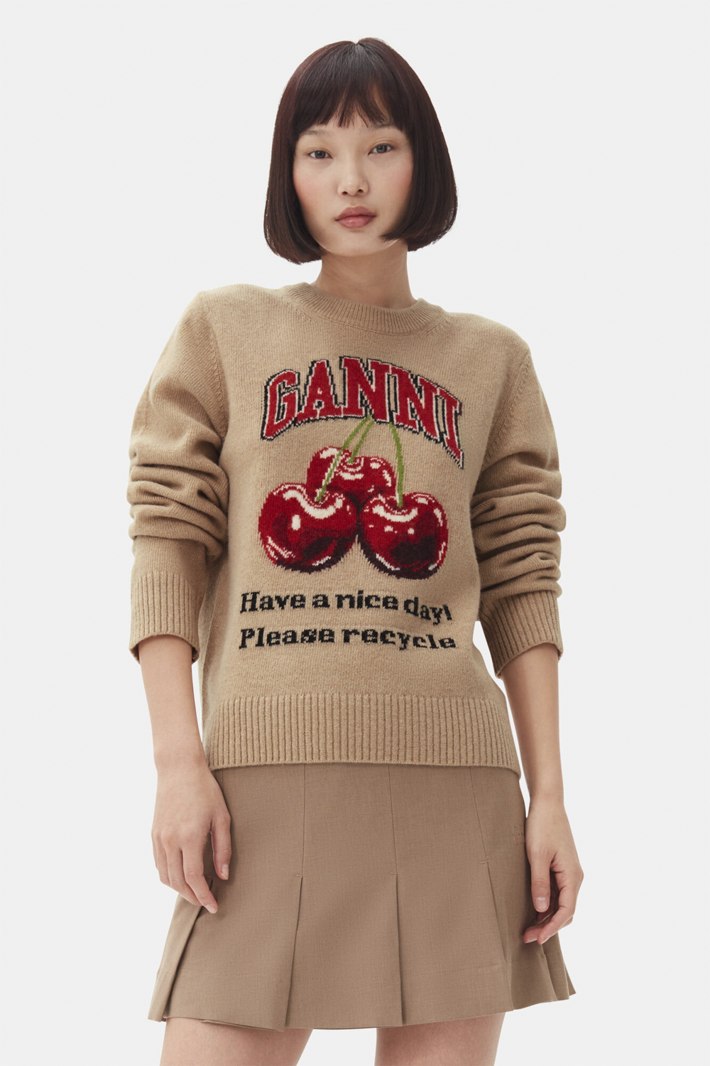 Ganni Graphic Wool Mix Cherry Crewneck Dam Stickade Tröjor Stl. XXS - Från Magasin